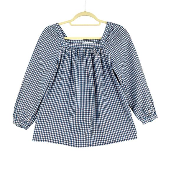 J.Crew Checked Long Sleeves Button Cuffs‎ Square Neck Peasant Blouse Size 2 - Picture 1 of 5